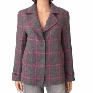 Talbots Gray & Pink Plaid Wool Blazer Size 8 PETITE Button Jacket